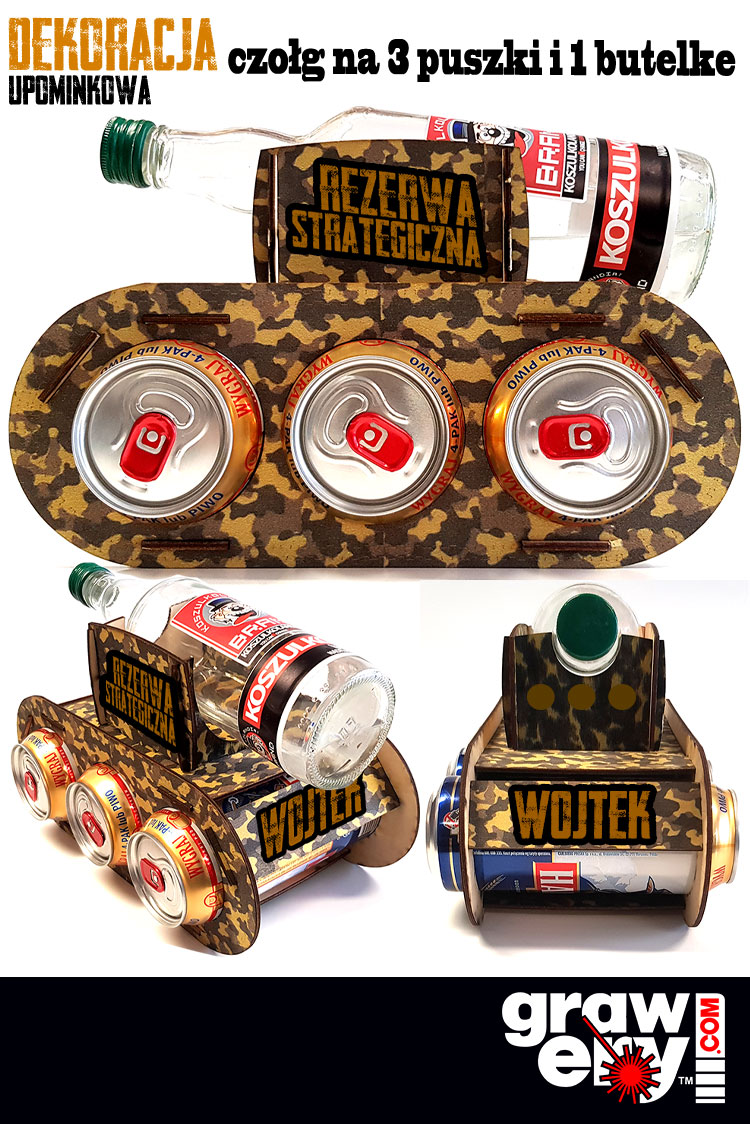 Czołg Moro Camouflage na 3 puszki piwa i 1 butelkę piwa lub innego trunku :) Prezent dla Prawdziwego  Faceta. Prezent może zostać dostosowany i dopasowany dosłownie na każdą okazję!  Na czołgu umieszczamy napisy w poniższych wzorach oraz imię osoby dla której jest prezent. Imię jest nadrukowane na sklejce.  Do czołga wchodzą 3 puszki i 1 butelka szklana z piwem lub innym trunkiem co daje znakomity efekt WOW u obdarowanej osoby :) Ten prezent to nie szablonowy, standardowy zakup - to zakup personalizowany specjalnie dla Ciebie !  Przy zakupie prosimy o podanie w uwagach imienia jakie mamy nadrukować  Parametry  Materiał: Sklejka Brzozowa 3mm (twarda) Wymiary czołgu : 26 x 16 x 13 cm Produkt polski Produkt złożony gotowy 